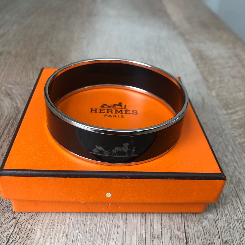 Hermes Caleche Bangle Enamel Bracelet, Black